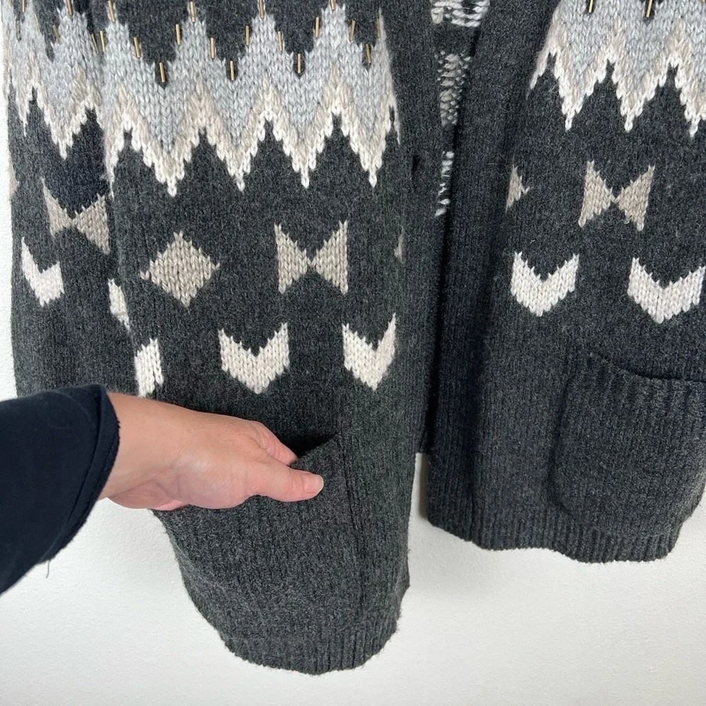J.Jill Womens Cardigan Size‎ L Gray Fair Isle Beaded Pockets Scandi Coastal Wool